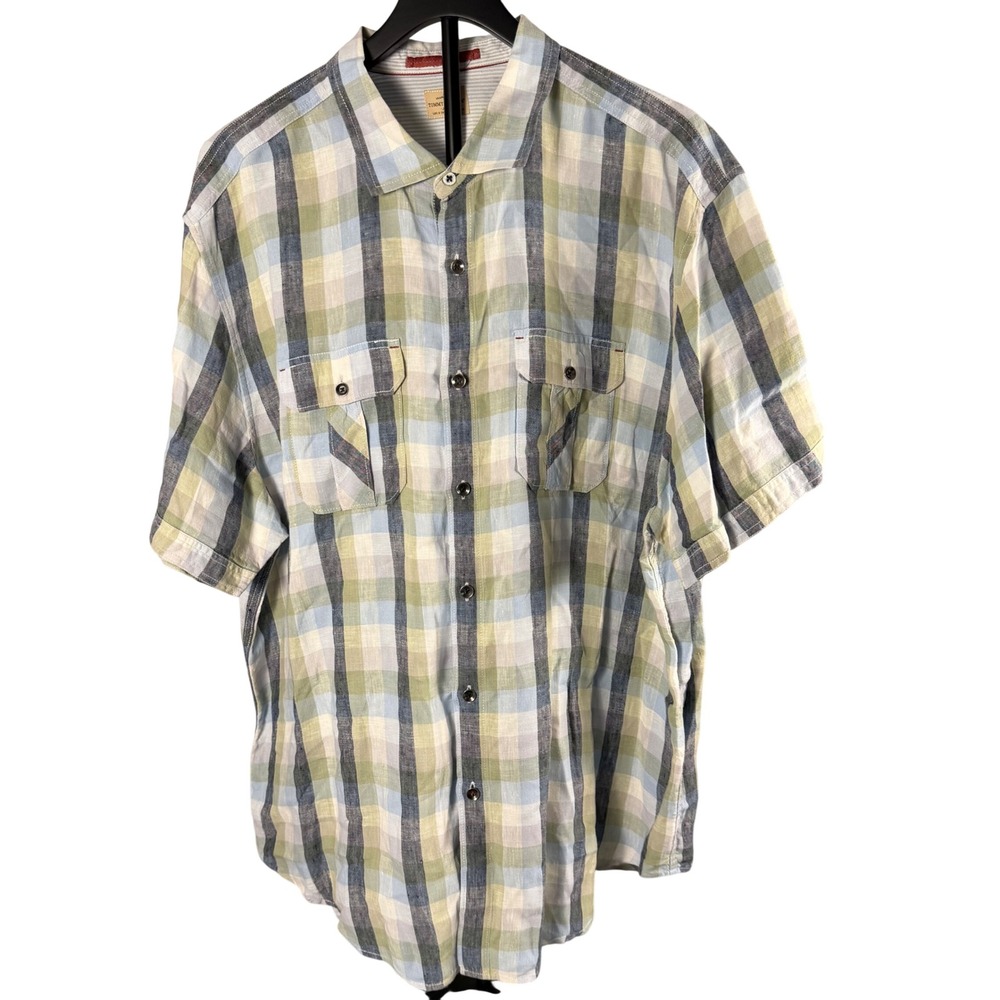 Tommy Bahama Jeans Mens XXL 100% Linen Short Sleeve Plaid Button Down Shirt